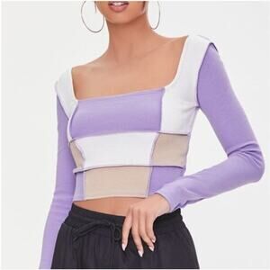 NWT Forever 21 Crop Top Womes L Pastel Purple Ribbed Patchwork Colorblock Retro